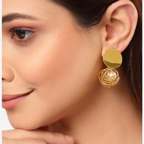 Gold Pearl Nest Drop Earrings - Picture 9 of 13